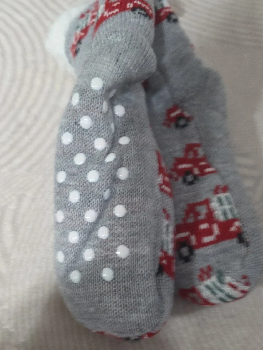 Maurices Gray Teddy Socks with Red Truck Pattern and White Sherpa Cuff